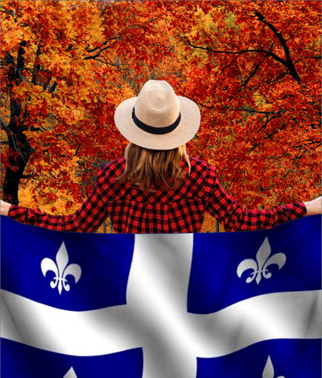 Drapeau du Québec porté par une femme à chemise à carreaux et érable en automne